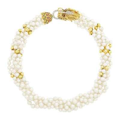 Lot 2156 - Multistrand Cultured Pearl and Gold Bead Necklace with Two-Color Gold and Gem-Set Dragon Clasp