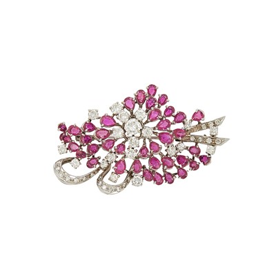 Lot 1271 - White Gold, Ruby and Diamond Cluster Brooch