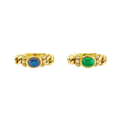 Lot 1290 - Pair of Gold, Cabochon Gem-Set and Diamond Curb Link Rings