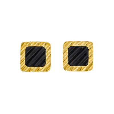 Lot 2255 - Pair of Gold and Carved Black Onyx Earclips
