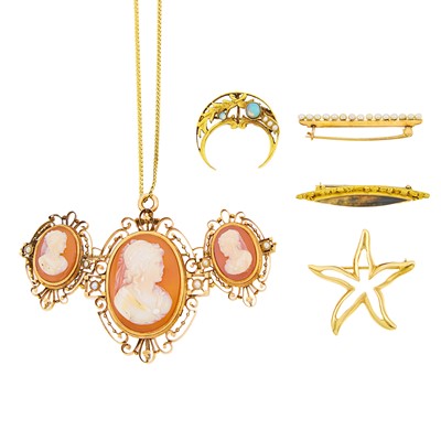 Lot 1139 - Group of Yellow and Rose Gold, Cameo, Pearl, Opal and Agate Jewelry
