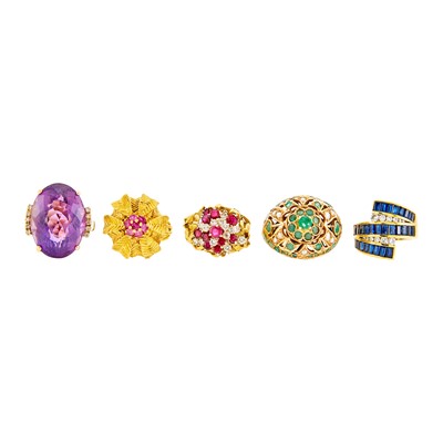 Lot 1309 - Five Two-Color Gold and Gem-Set Rings