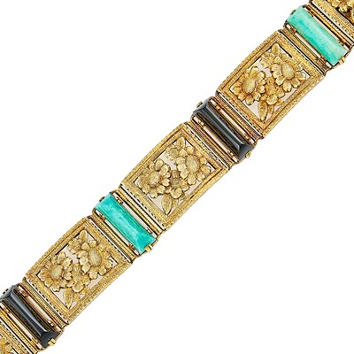 Lot 2167 - Gold, Amazonite and Black Onyx Flower Bracelet