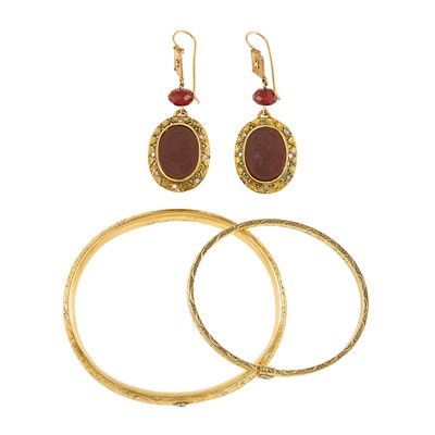 Lot 2057 - Two Gold and Diamond Bangles and Pair of Gold, Carnelian Intaglio, and Diamond Pendant-Earrings