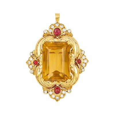 Lot 1098 - Gold, Citrine, Ruby and Diamond Pendant-Brooch