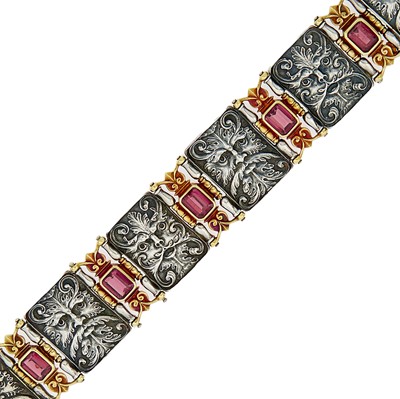 Lot 1070 - Paul Lantuch Silver, Gold and Garnet Figural Panel Bracelet