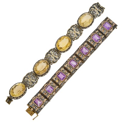 Lot 1165 - Two Antique Silver, Gold, Low Karat Gold, Amethyst and Citrine Bracelets