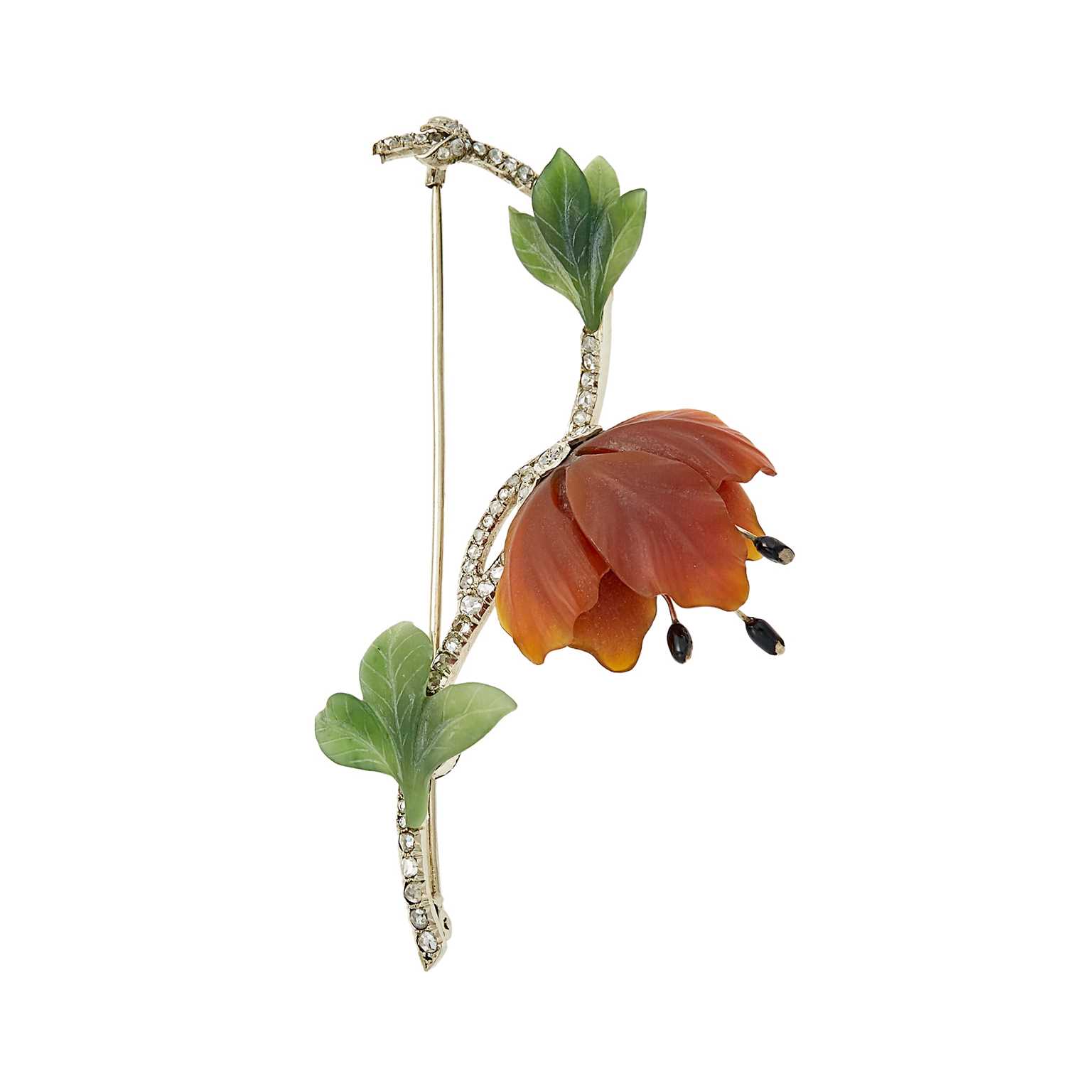 Lot 1176 - White Gold, Carved Carnelian and Nephrite, Black Enamel and Diamond Flower Brooch