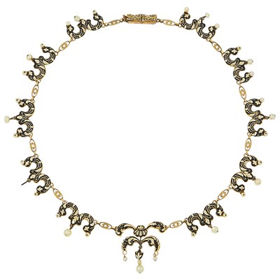 Lot 1109 - Antique Gold, Swiss Black and White Enamel and Pearl Necklace