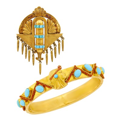 Lot 2100 - Gold, Coral Enamel and Turquoise Bangle Bracelet and Antique Gold and Turquoise Fringe Pendant