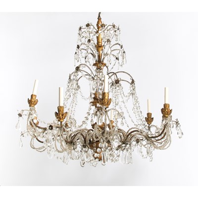 Lot 632 - Italian Neoclassical Gilt-Metal and Beaded Cut Glass-Mounted Carved Giltwood Nine-Light Chandelier