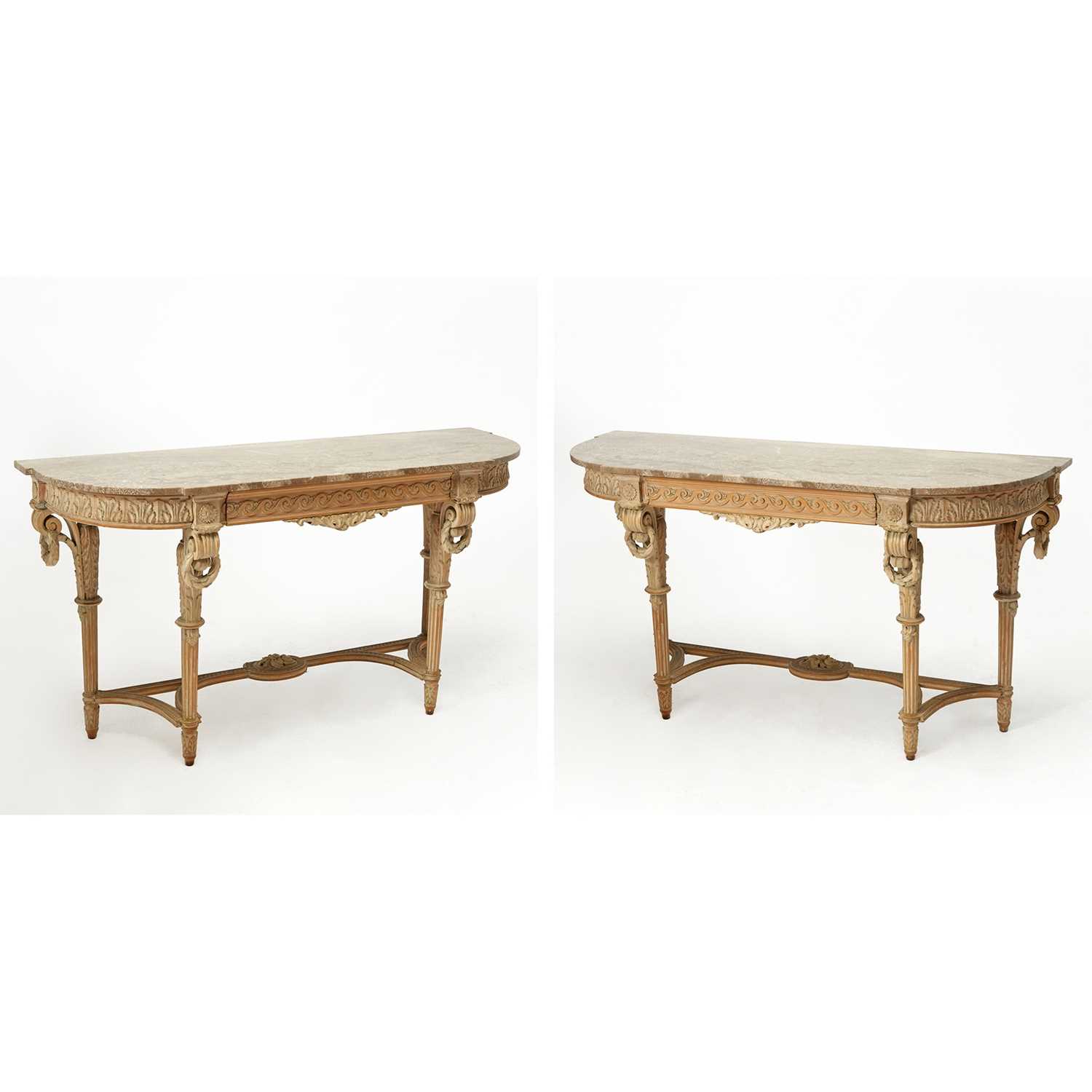 Lot 708 - Pair of Louis XVI Style Marble Top Painted Wood Console Tables