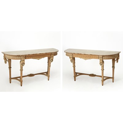 Lot 708 - Pair of Louis XVI Style Marble Top Painted Wood Console Tables