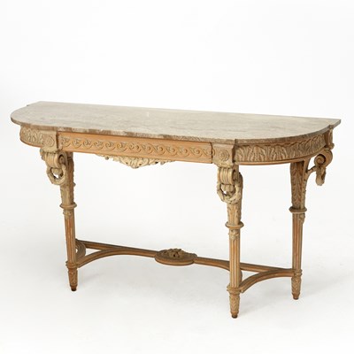 Lot 708 - Pair of Louis XVI Style Marble Top Painted Wood Console Tables