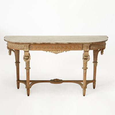 Lot 708 - Pair of Louis XVI Style Marble Top Painted Wood Console Tables