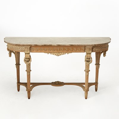 Lot 708 - Pair of Louis XVI Style Marble Top Painted Wood Console Tables