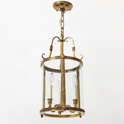 Lot 676 - Gilt-Brass and Glass Three-Light Hall Lantern