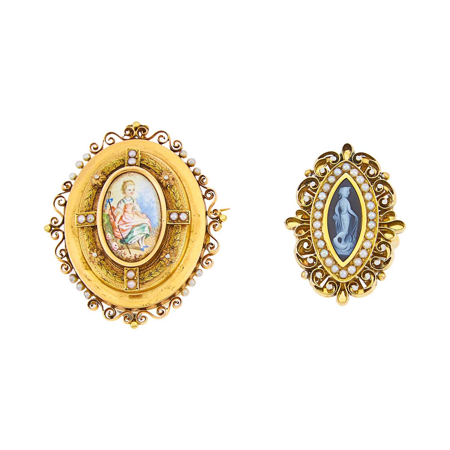 Lot 1129 - Gold, Sardonyx Cameo and Split Pearl Ring and Two-Color Gold, Painted Porcelain and Split Pearl Locket-Brooch