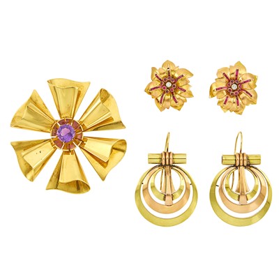Lot 1190 - Gold and Amethyst Brooch, Pair of Gold, Diamond and Synthetic Ruby Earclips, and Two-Color Gold Pendant-Earrings