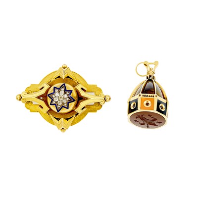 Lot 1114 - Gold, Tiger's Eye, Carnelian Intaglio and Enamel Charm and Antique Gold, Blue Enamel and Diamond Pendant