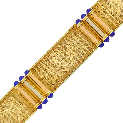 Lot 1196 - Tricolor Engraved Gold and Blue Enamel Bracelet