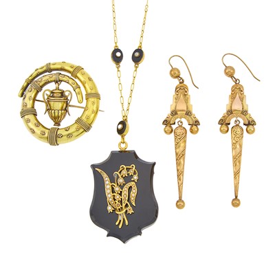 Lot 1125 - Etruscan Revival Gold Urn Brooch, Pair of Low Karat Gold Pendant-Earrings and Black Onyx, Gold, and Split Pearl Pendant-Necklace