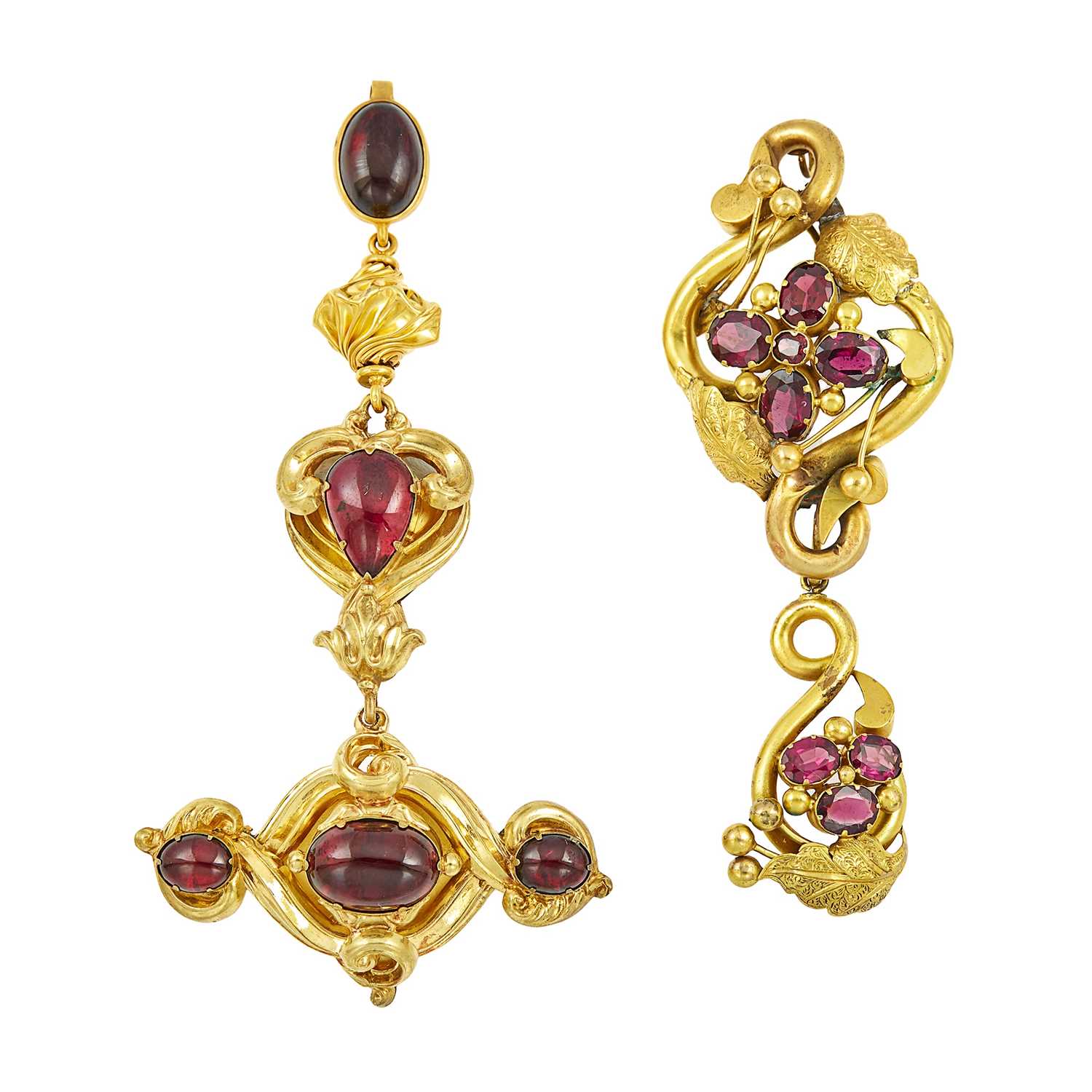 Lot 1143 - Two Antique Gold, Low Karat Gold and Garnet Pendants