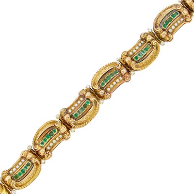 Lot 1135 - Antique Gold, Emerald, Split Pearl and Pearl Bracelet