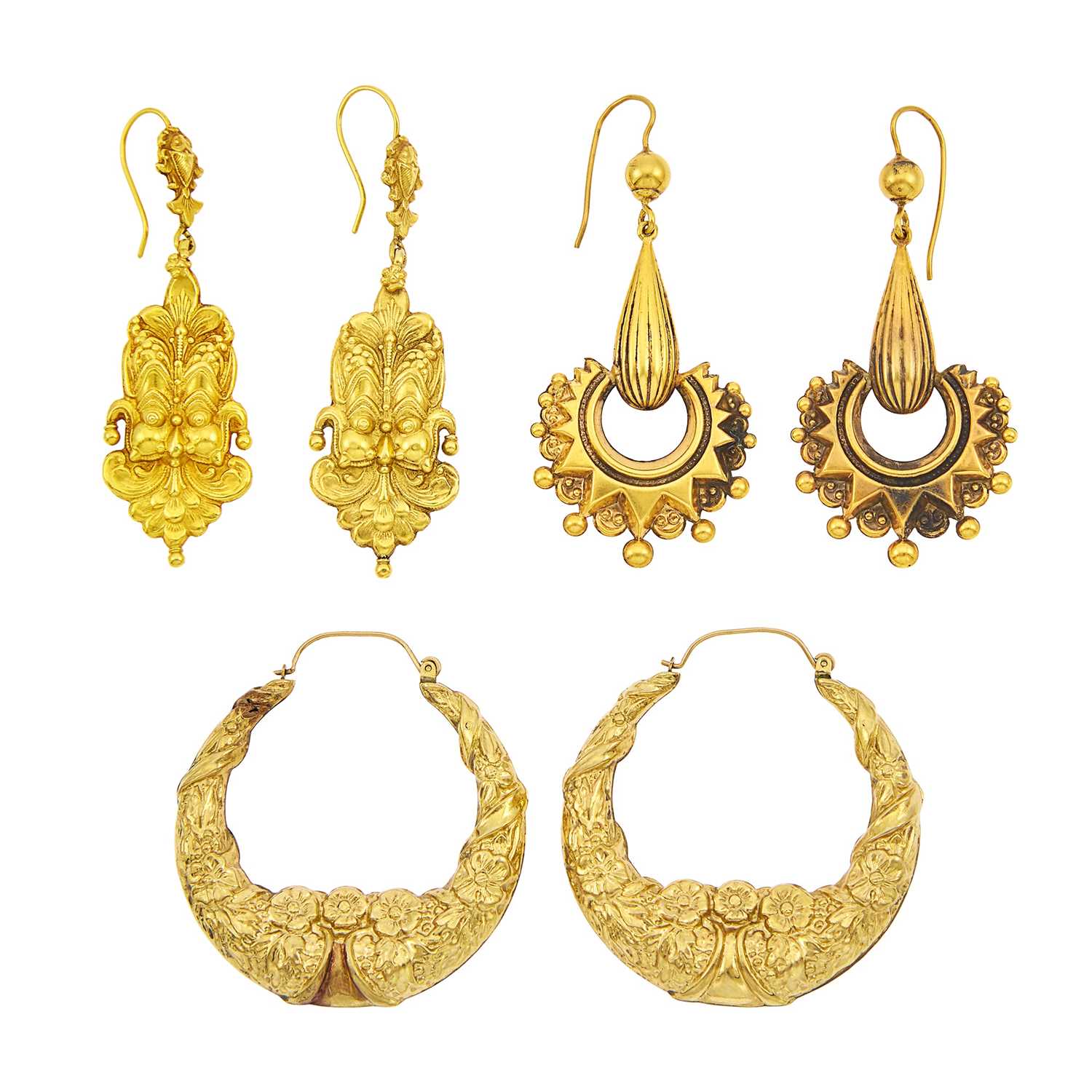 Lot 1117 - Three Pairs of Gold and Low Karat Gold Earrings