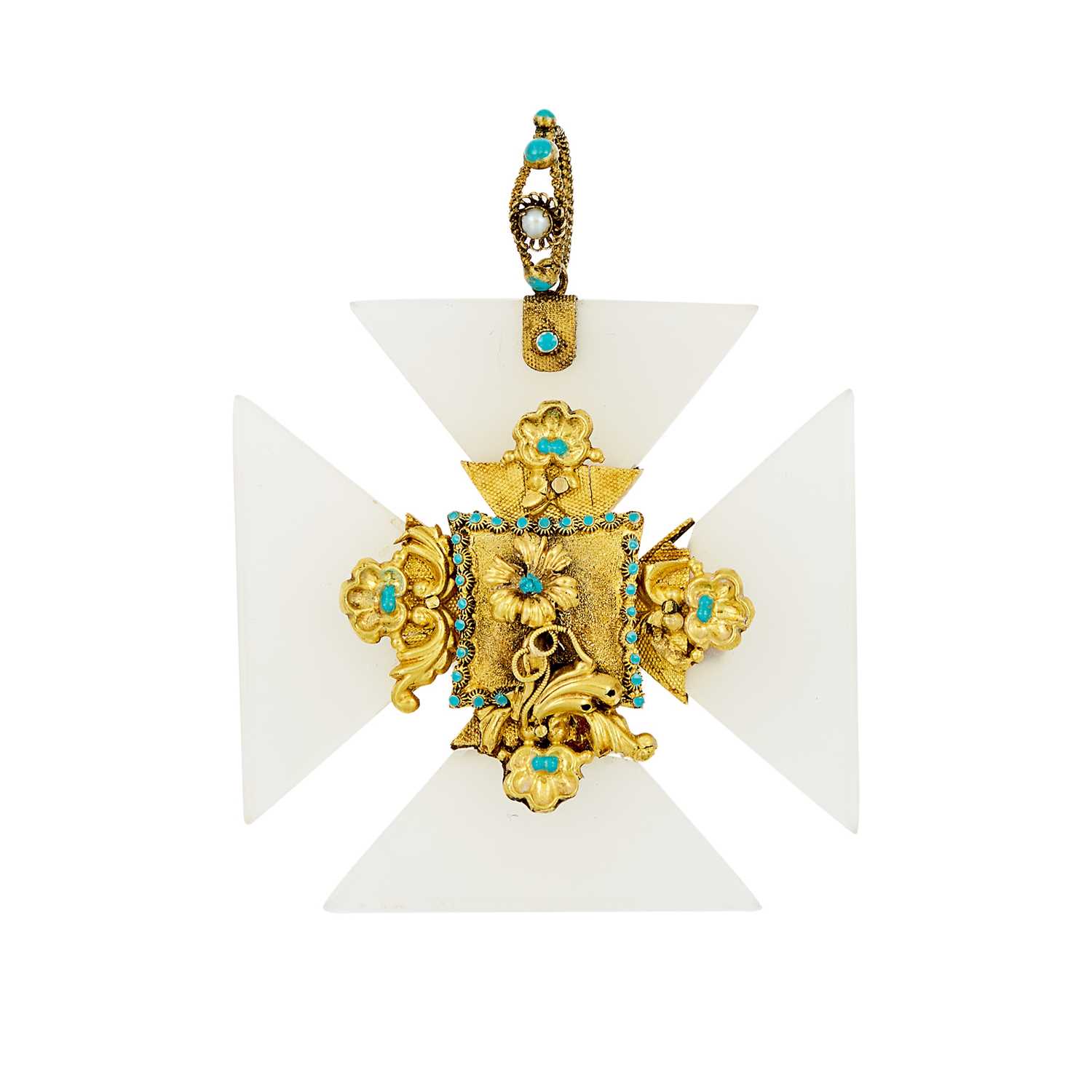Lot 1122 - Gold and White Chalcedony and Turquoise Enamel Maltese Cross Pendant