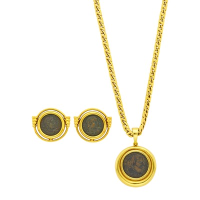 Lot 1023 - Gold and Bronze Coin Pendant with Chain Necklace and Pair of Earclips