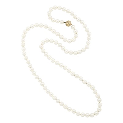 Lot 1059 - Long Cultured Pearl Necklace with Gold and Diamond Ball Clasp