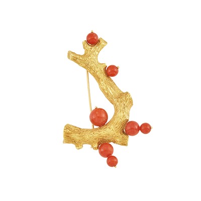 Lot 2179 - Gold and Coral Bead Branch Brooch