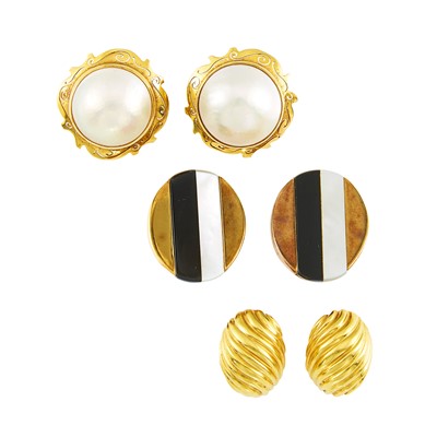 Lot 2144 - Pair of Gold and Mabé Pearl Earclips, Silver, Mother-of-Pearl and Black Onyx Earclips and Tiffany & Co. Pair of Gold Dome Earclips