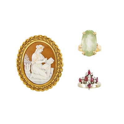 Lot 2237 - Gold and Shell Cameo Pendant-Brooch, Gold and Yellow Quartz Ring and White Gold, Ruby and Diamond Cluster Ring