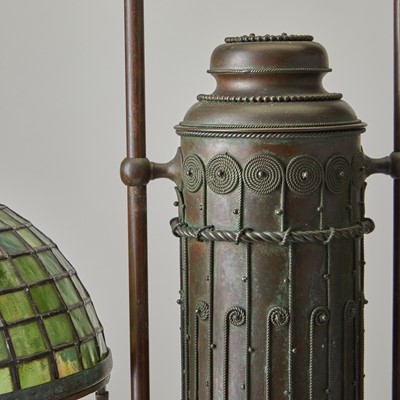 Lot 739 - Tiffany Studios Bronze and Leaded Glass Double  Student Lamp