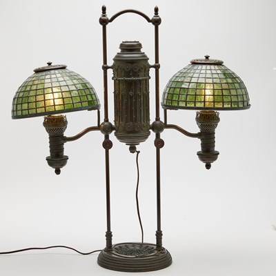 Lot 739 - Tiffany Studios Bronze and Leaded Glass Double  Student Lamp