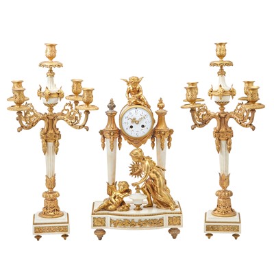 Lot 347 - Louis XVI Style Gilt Bronze Mounted Marble Three Piece Clock Garniture