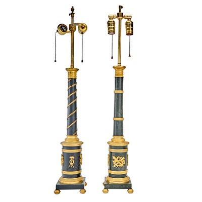 Lot 346 - Two Empire Gilt Bronze and Tole Columnar Form Lamps