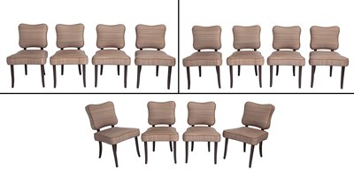 Lot 843 - Set of Twelve Artistic Frame Custom Upholstered Dark Stained Wood Dining Chairs