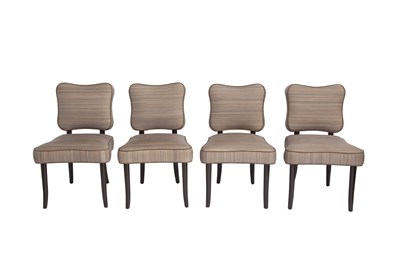 Lot 843 - Set of Twelve Artistic Frame Custom Upholstered Dark Stained Wood Dining Chairs