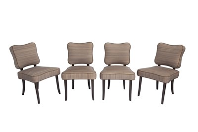 Lot 843 - Set of Twelve Artistic Frame Custom Upholstered Dark Stained Wood Dining Chairs