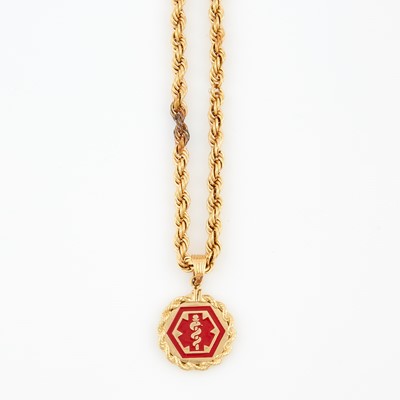 Lot 94 - Gold and Enamel Pendant and Neck Chain, 14K 19 dwt. all