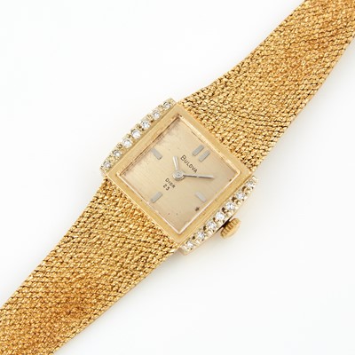 Lot 178 - Ladys Diamond Bracelet Watch, 14 diamonds, 23 Jewels, Bulova, 14K 24 dwt. all