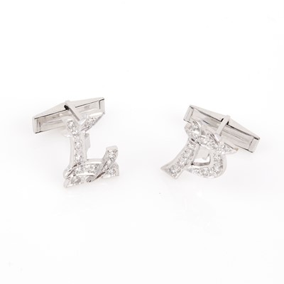 Lot 273 - Two Diamond Initial Cuff Links, 22 diamonds about 0.40 ct., 14K 4 dwt.