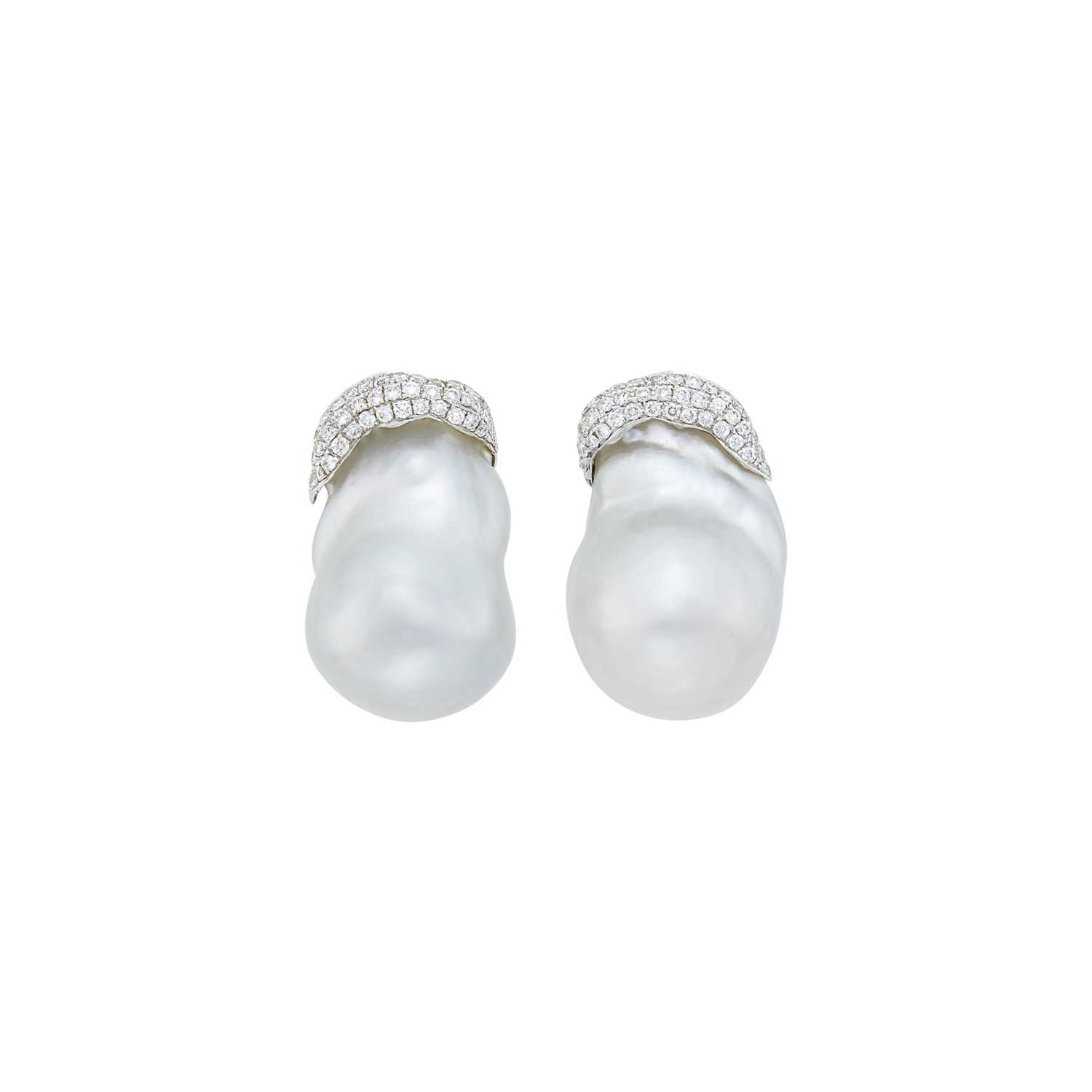 Lot 141 - Pair of White Gold, Baroque Cultured Pearl and Diamond Earclips