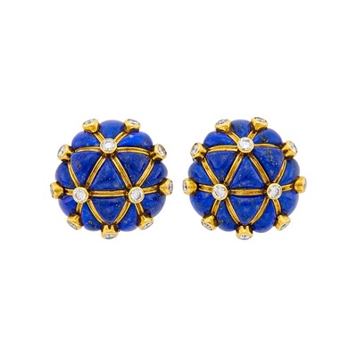 Lot 29 - Georges L'Enfant for Tiffany & Co. Pair of Gold, Lapis and Diamond Earclips, France