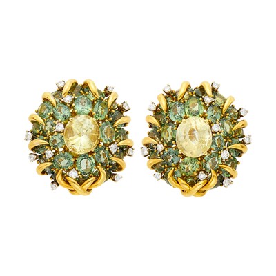 Lot 207 - Verdura Pair of Gold, Yellow and Green Sapphire and Diamond Earclips