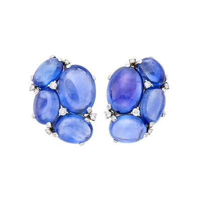 Lot 275 - Belperron Pair of Platinum, Cabochon Sapphire and Diamond Earclips