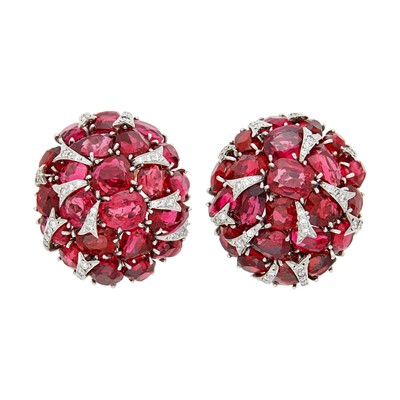 Lot 114 - Verdura Pair of Platinum, Red Spinel and Diamond 'Ribbon' Cluster Earclips